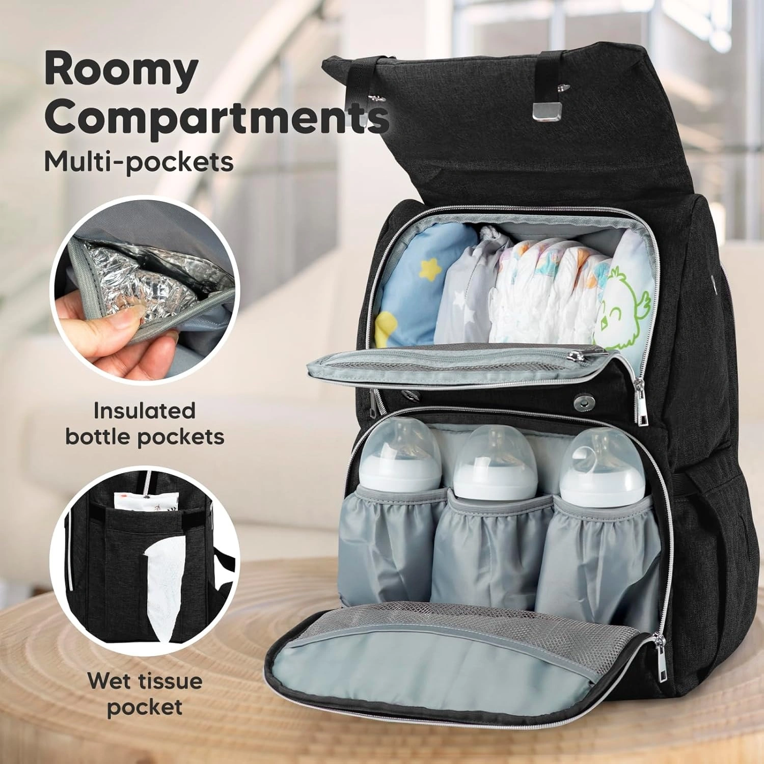 Insulated Bottle Pocket Waterproof Diaper Backpack (1)