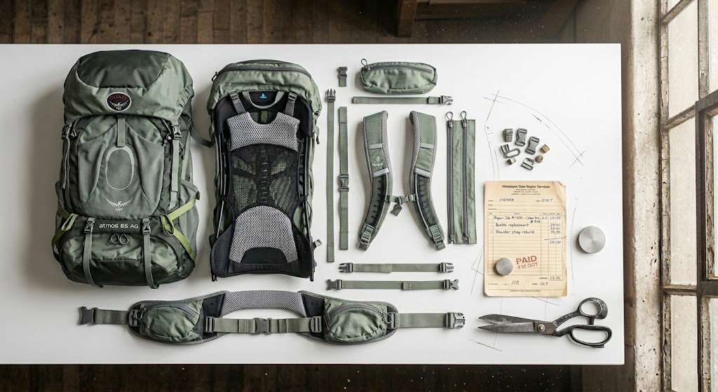 disassembled-osprey-backpack-on-a-messy-industrial-factory-workbench