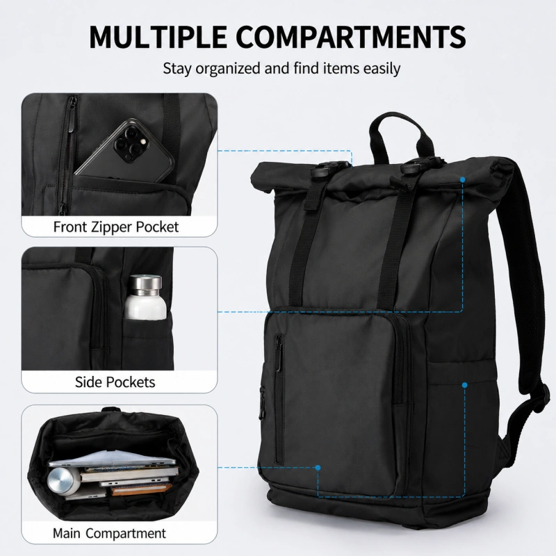 OEM Multi Pocket Roll Top Backpack for Business Daily (1)