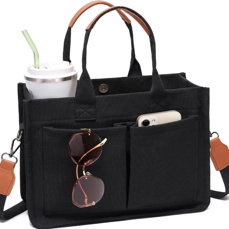 Thick Canvas Multi Pocket Work Tote Bag Black (1)