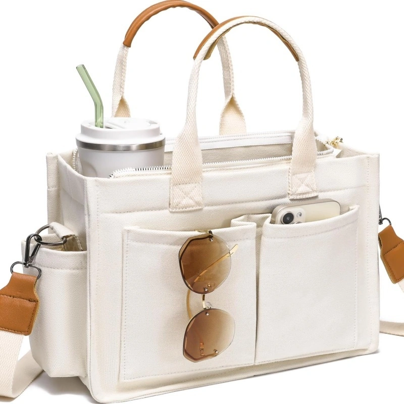 Thick Canvas Multi Pocket Work Tote Bag White